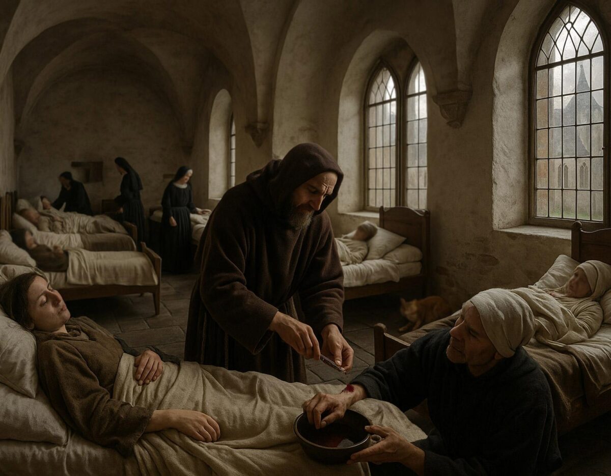 Soins apportés à un malade dans une infirmerie médiévale, évocation de la vocation hospitalière de Saint-Lazare