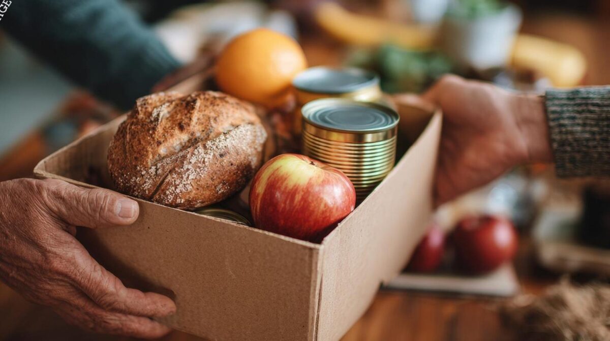 Remise d'un colis alimentaire illustrant la solidarité et l'entraide dans l'esprit de l'Ordre de Saint-Lazare